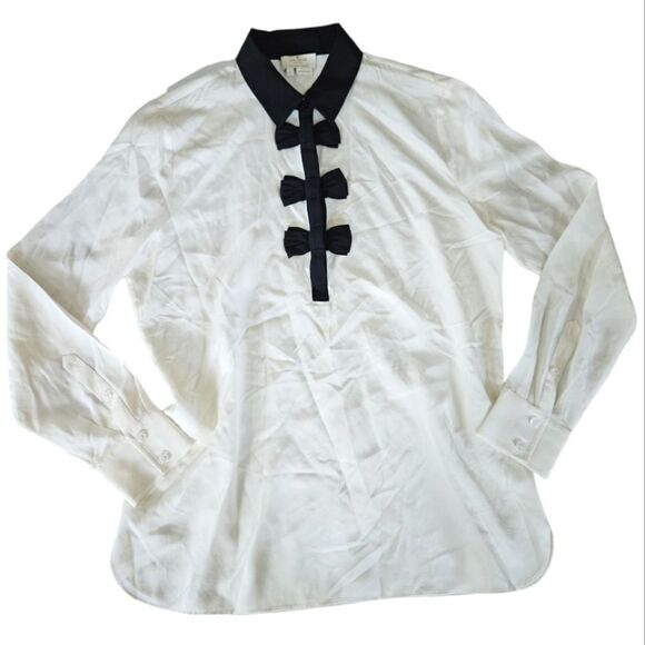 Kate Spade Bow Placket 100% Silk Long Sleeve Go Fly a Kite Collared Blouse Top S - Picture 3 of 9